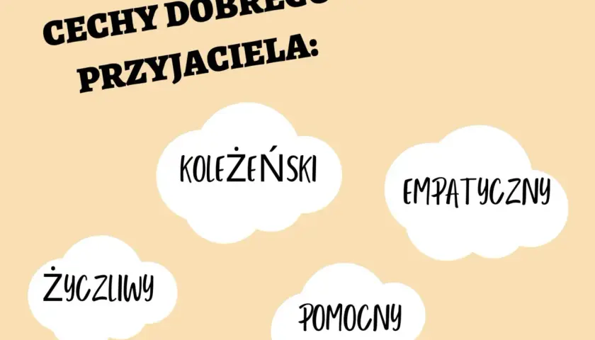 Cechy dobrego przyjaciela: koleżeński, empatyczny, życzliwy, pomocny.