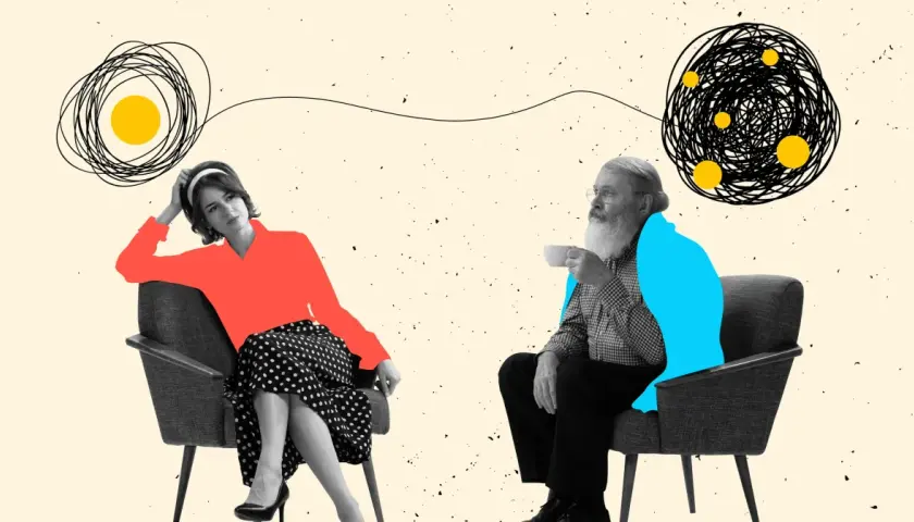 Kobieta i mężczyzna siedzą w fotelach, ich myśli połączone chaotycznymi liniami. Miłość z ADHD bywa skomplikowana, ale pełna barw.