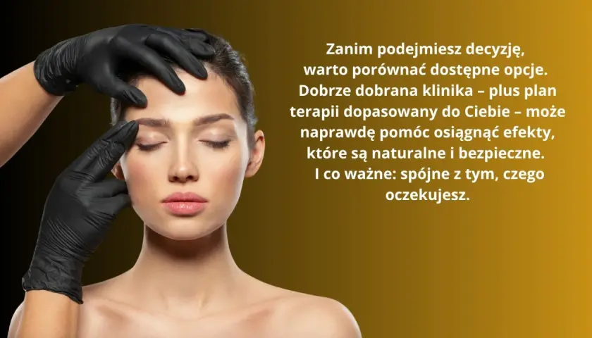 Dłoń w czarnej rękawiczce delikatnie dotyka twarzy kobiety, sugerując zabieg medycyny estetycznej.