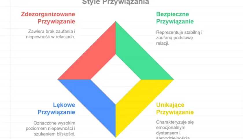 Diagram przedstawia cztery style przywiązania: bezpieczne, lękowe, unikające i zdezorganizowane.