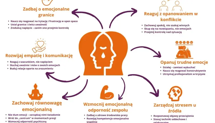 Schemat pokazuje, jak radzić sobie z niedojrzałością emocjonalną, rozwijając granice, empatię, opanowanie emocji i odporność psychiczną.