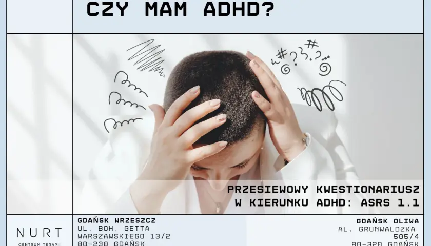 Kobieta z rękami na głowie, otoczona chaotycznymi rysunkami, symbolizującymi trudności z koncentracją. Pytanie "Czy mam ADHD?" i kwestionariusz ASRS 1.1.