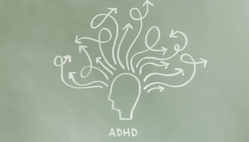 Rysunek głowy z wieloma strzałkami wychodzącymi z niej, symbolizującymi różne rodzaje ADHD i chaos myśli.