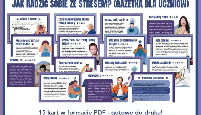 Jak radzić sobie ze stresem? 15 kart PDF. Porady jak się uspokoić, planować dzień, ćwiczyć i jeść zdrowo.