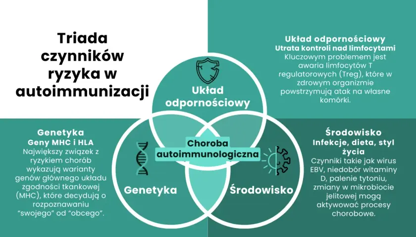 Triada czynników ryzyka w autoimmunizacji: układ odpornościowy, genetyka i środowisko. Choroba autoimmunologiczna powstaje, gdy te elementy współdziałają.