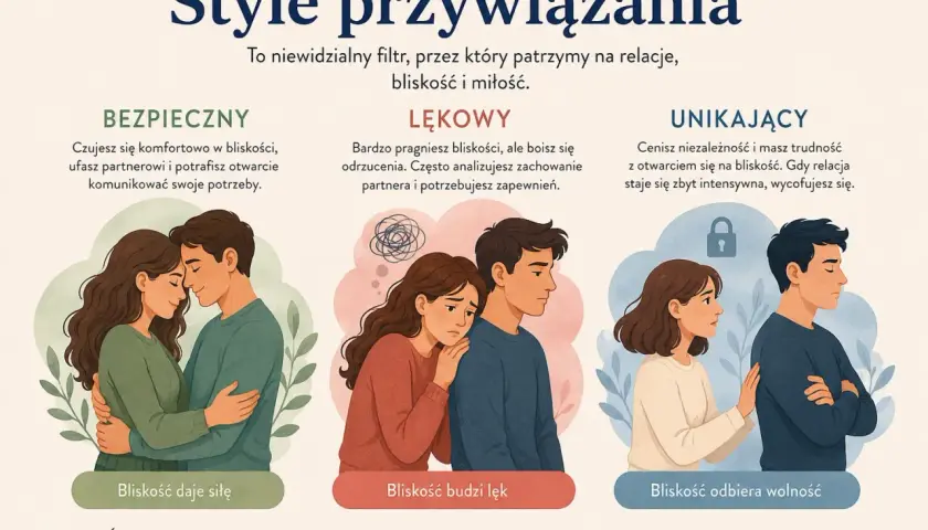 Lękowy styl przywiązania objawy: pragnienie bliskości, ale strach przed odrzuceniem i potrzeba zapewnień. Ilustracja pokazuje parę zmartwionych ludzi.