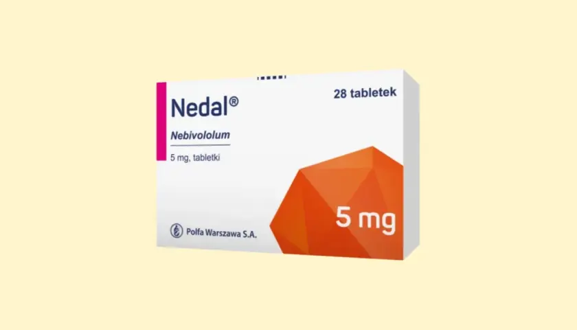 Opakowanie leku Nedal 5 mg, zawierającego nebivololum. Pomaga w leczeniu nadciśnienia, nie na nerwicę.