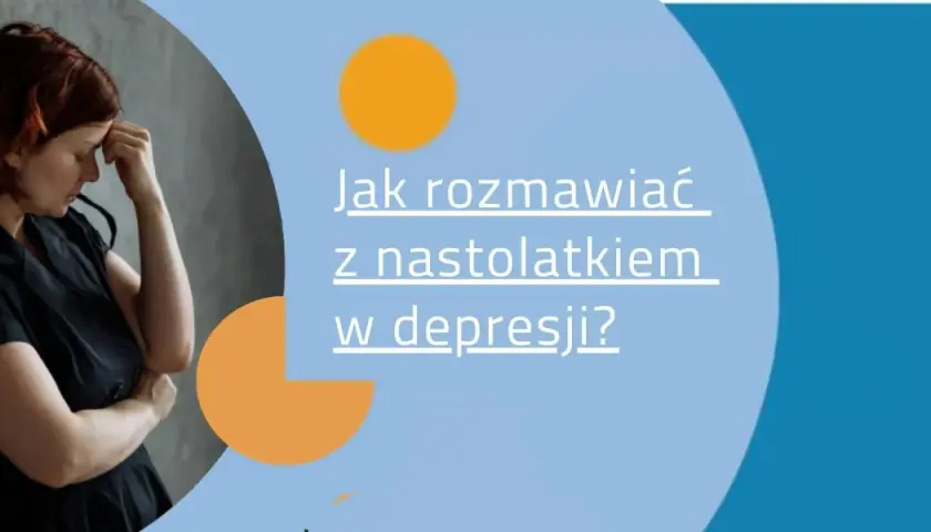 Kobieta w czarnej sukience opiera się o ścianę, zamyślona. Tekst: "Jak rozmawiać z nastolatkiem w depresji?".