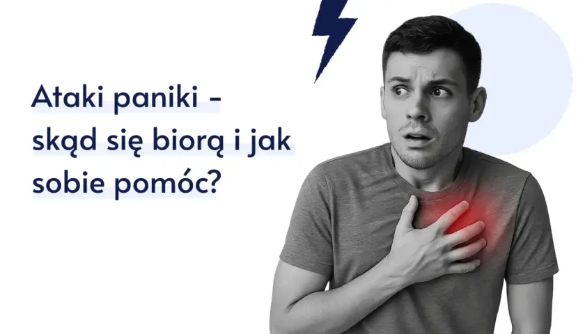 Młody mężczyzna z przerażeniem na twarzy trzyma rękę na sercu, symbolizując ataki paniki – skąd się biorą i jak sobie pomóc.