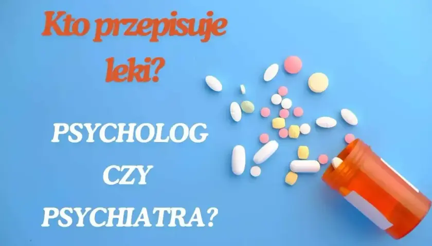 Leki na poprawę nastroju od psychiatry. Pigułki rozsypane z pomarańczowej buteleczki na niebieskim tle.