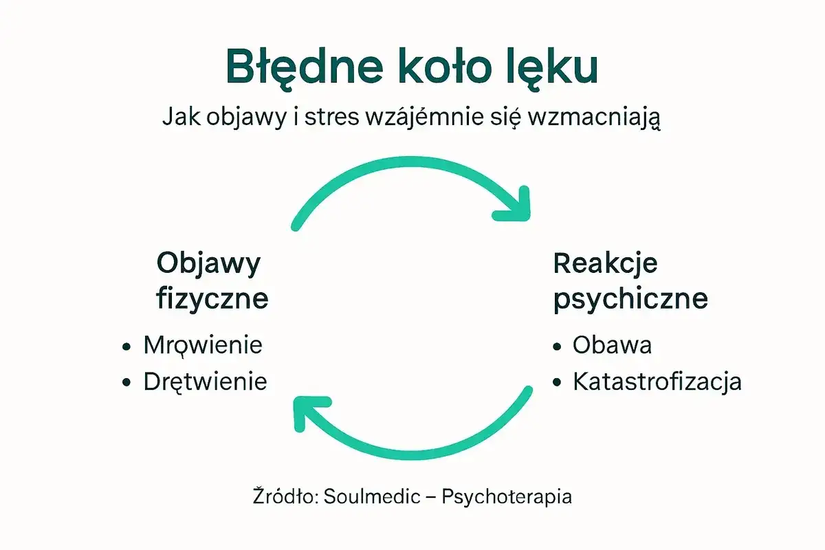 Błędne koło lęku: objawy fizyczne (mrowienie, drętwienie) i reakcje psychiczne (obawa, katastrofizacja) wzajemnie się wzmacniają, wywołując uczucie igiełek na skórze.