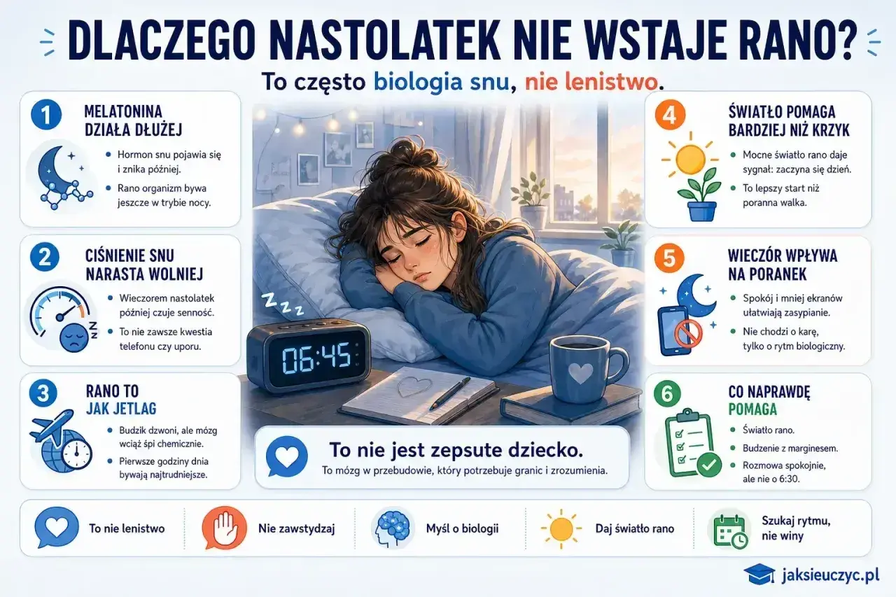 Dziewczyna śpi, budzik pokazuje 06:45. Problem z wysławianiem się i zapominanie słów u nastolatków to często biologia snu, nie lenistwo.
