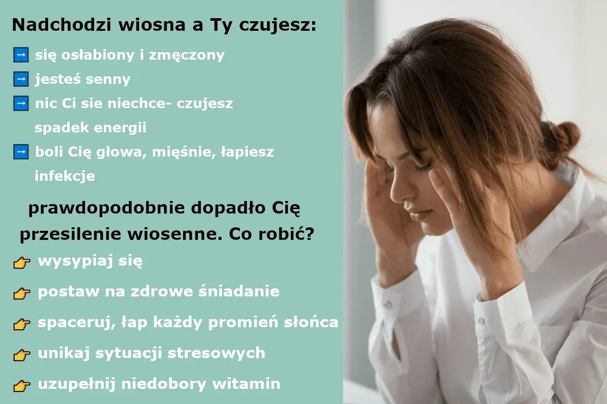 Kobieta z rękami na skroniach, czuje się osłabiona i zmęczona. To może być przesilenie wiosenne.