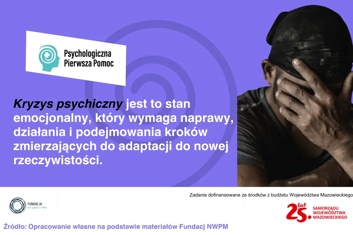 Mężczyzna z zasłoniętymi oczami symbolizuje kryzys psychiczny, stan wymagający wsparcia i adaptacji do nowej rzeczywistości.