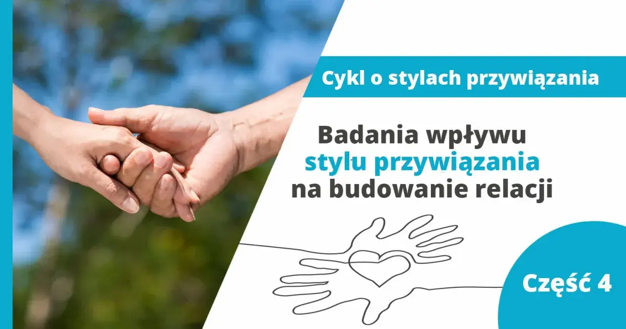 Dwie dłonie splatają się, symbolizując więź. Tekst informuje o badaniach wpływu **ambiwalentnego stylu przywiązania** na budowanie relacji.