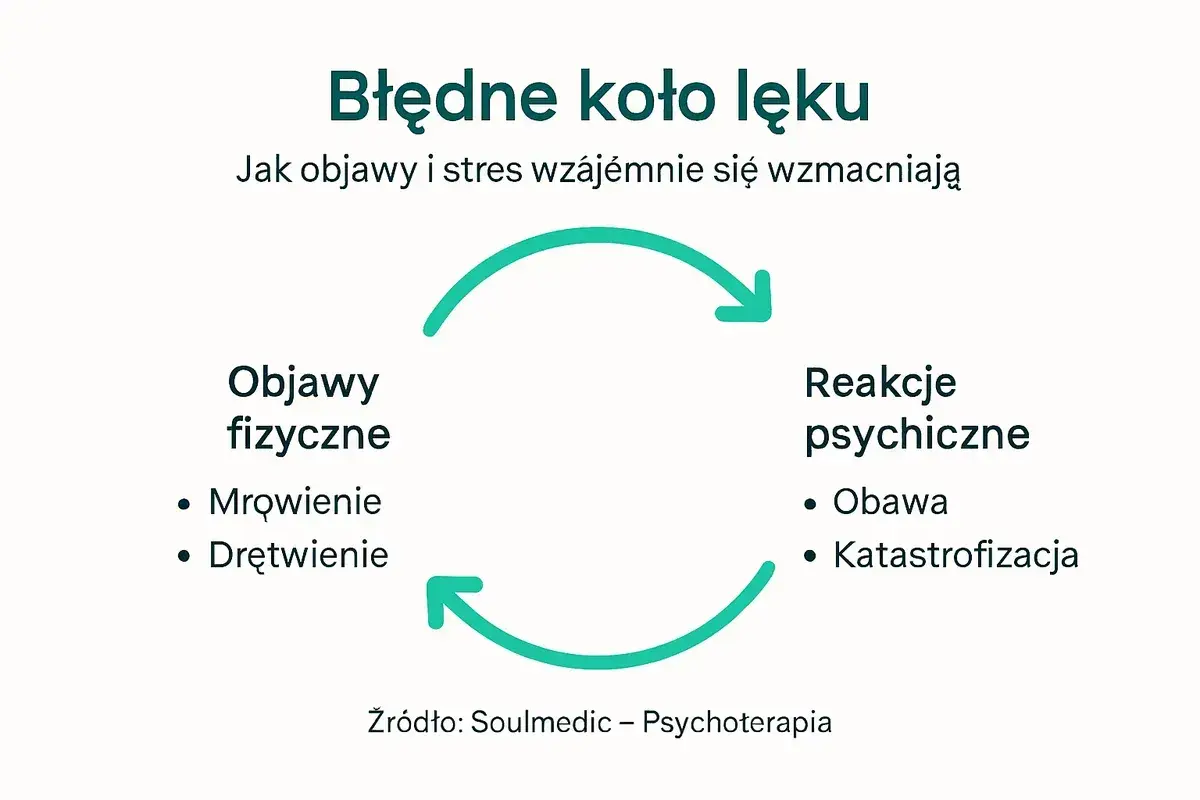 Błędne koło lęku: objawy fizyczne (mrowienie, drętwienie) i reakcje psychiczne (obawa, katastrofizacja) wzajemnie się wzmacniają, wywołując uczucie igiełek na skórze.