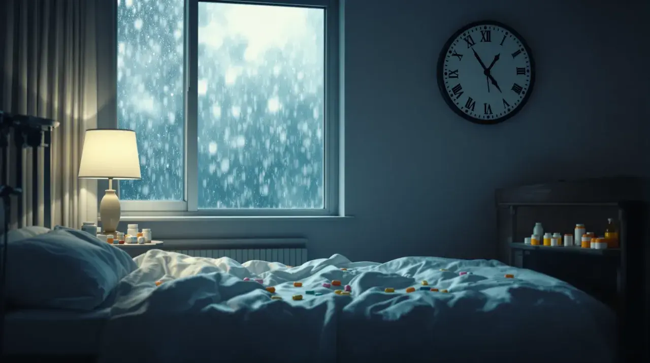 Pokój szpitalny, okno z padającym śniegiem, łóżko z lekami. Zegar wskazuje późną noc. Ile trwa pobyt w szpitalu psychiatrycznym depresja?