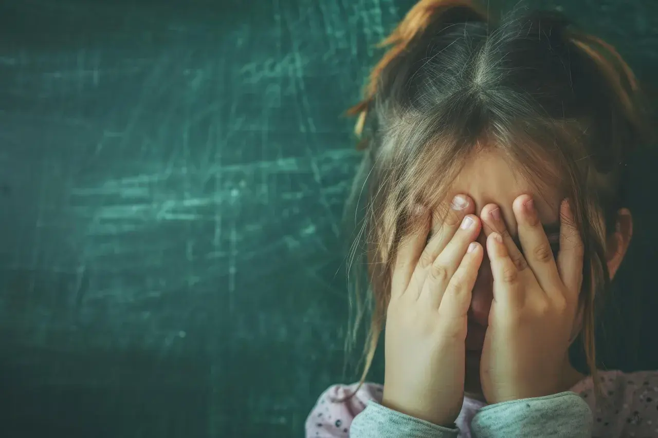 Dziecko z autyzmem zakrywa twarz dłońmi, być może bojąc się hałasu lub nieznanego.