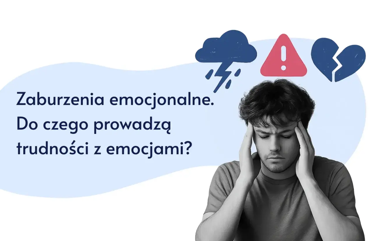 Młody mężczyzna z zaburzeniami emocjonalnymi trzyma się za głowę. Obok chmura burzowa, znak ostrzegawczy i złamane serce.