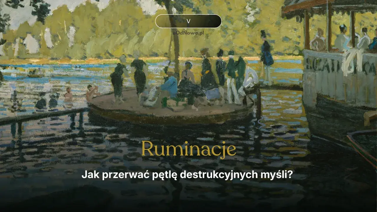 Ruminacje: jak przerwać pętlę destrukcyjnych myśli? Obraz przedstawia ludzi na łodzi i w wodzie, w letniej scenerii.