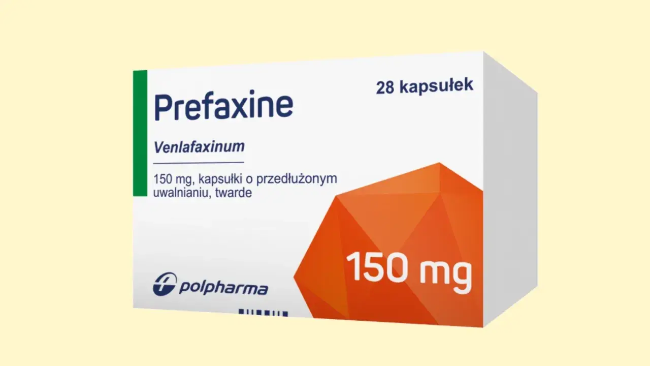 Opakowanie leku Prefaxine (wenlafaksyna) 150 mg, kapsułki o przedłużonym uwalnianiu, twarde. Pomoc w radzeniu sobie z załamaniem nerwowym.