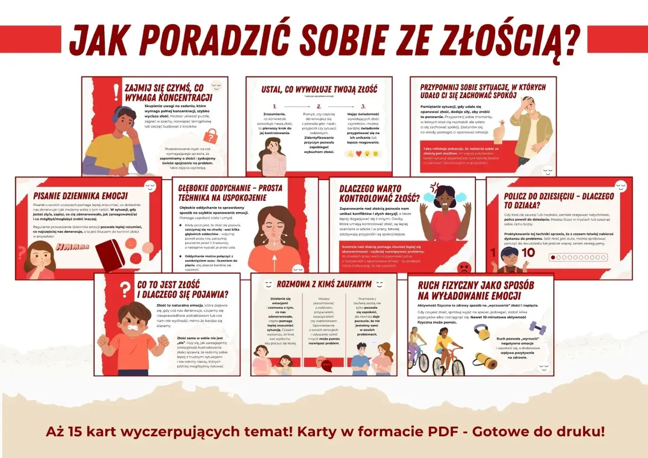 Chłopiec z zaciśniętymi pięściami i wykrzywioną twarzą wyraża złość. Obok niego tekst o tym, jak radzić sobie z tym uczuciem.