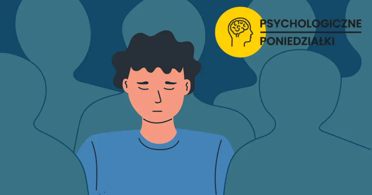 Smutny chłopak otoczony przez sylwetki. Czy to anhedonia co to? Symbol mózgu i napis "Psychologiczne Poniedziałki".