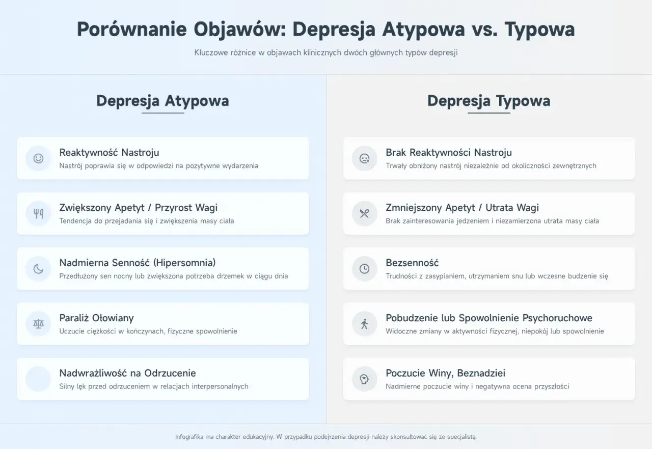 Porównanie objawów depresji atypowej i typowej: reaktywność nastroju, apetyt, senność, paraliż, nadwrażliwość na odrzucenie.