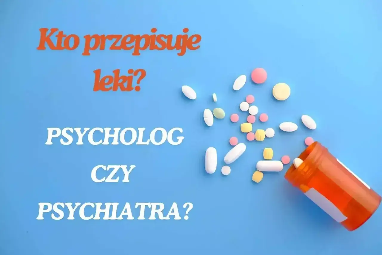 Leki na poprawę nastroju od psychiatry. Pigułki rozsypane z pomarańczowej buteleczki na niebieskim tle.