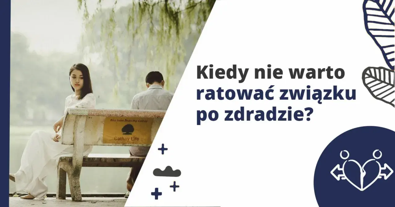 Smutna kobieta i mężczyzna siedzą na ławce. Tekst pyta: Kiedy nie warto ratować związku po zdradzie?