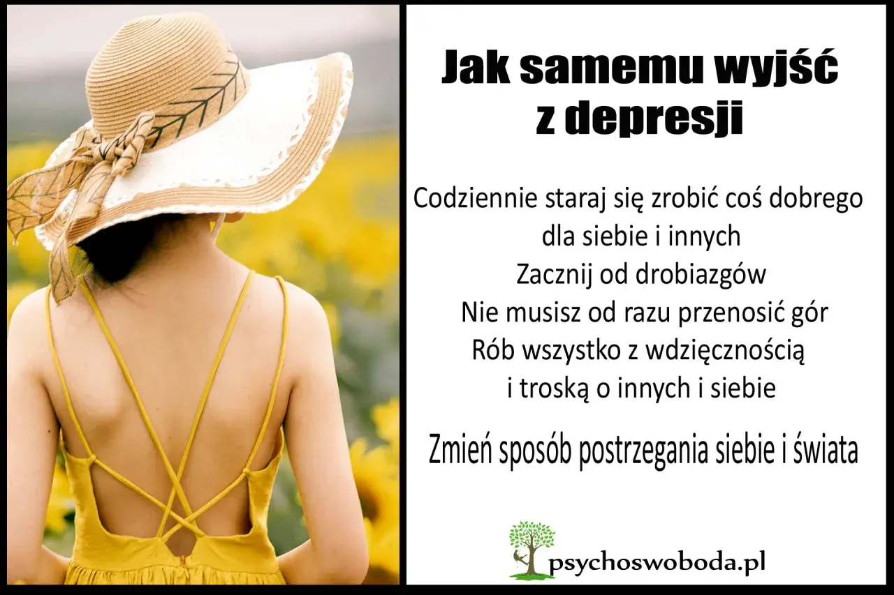 Kobieta w słomkowym kapeluszu na tle słoneczników. Tekst podpowiada, jak samemu wyjść z depresji: małe kroki, wdzięczność i zmiana perspektywy.