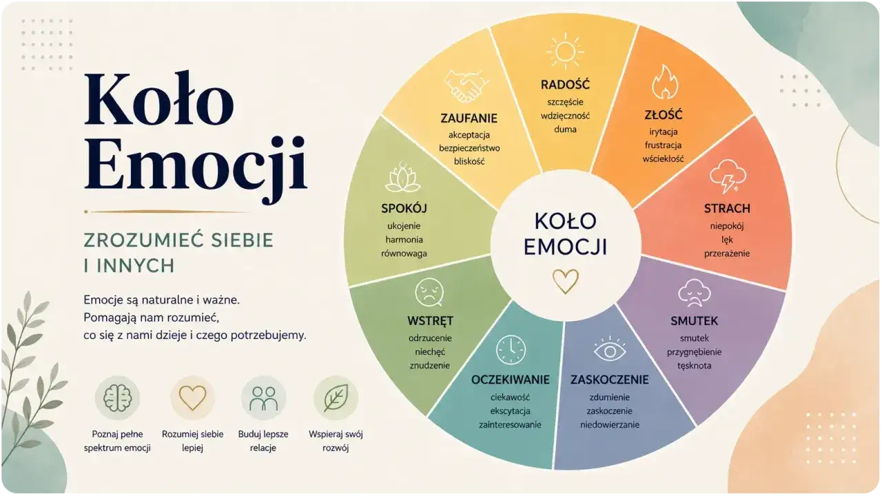 Koło Emocji pomaga zrozumieć nasze uczucia: radość, złość, strach, smutek, zaskoczenie, oczekiwanie, wstręt i spokój.