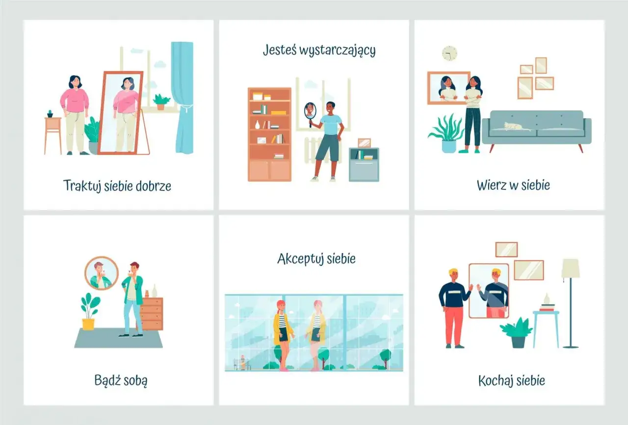Ilustracje pokazują ludzi patrzących w lustro, ćwiczących, rozmawiających i relaksujących się, podkreślając budowanie poczucia własnej wartości.