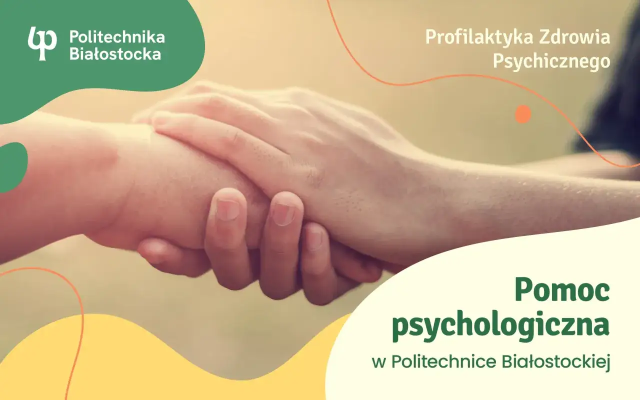 Dwie dłonie splatają się w geście wsparcia, symbolizując pomoc w walce z depresją lękową. Politechnika Białostocka oferuje wsparcie psychologiczne.