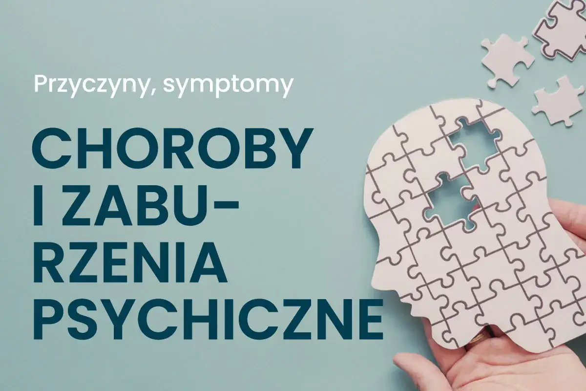 Głowa z puzzli, z brakującymi elementami, symbolizuje najcięższe choroby psychiczne. Tekst: 