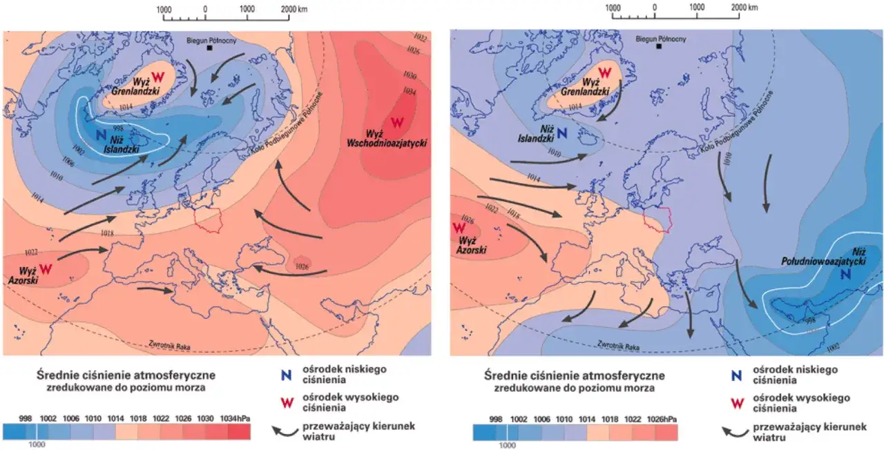 Dwie mapy Europy pokazują ciśnienie atmosferyczne dzisiaj i jego wpływ na samopoczucie. Widoczne są układy niżowe i wyżowe oraz kierunki wiatru.