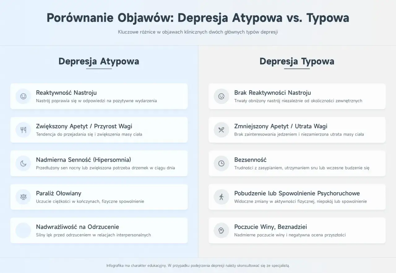 Porównanie objawów depresji atypowej i typowej: reaktywność nastroju, apetyt, senność, paraliż, nadwrażliwość na odrzucenie.