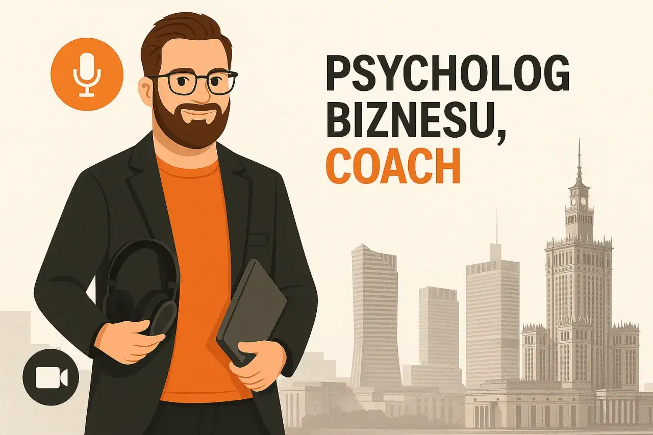 Ilustracja przedstawia psychologa biznesu z mikrofonem i słuchawkami, gotowego do nagrań lub sesji coachingowych.